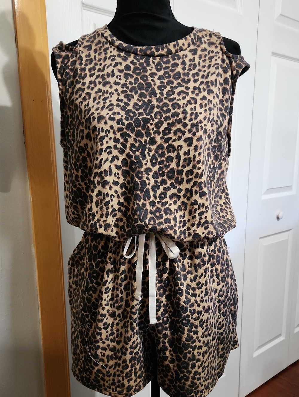 BiBi Leopard Print Cold shoulder Romper in Brown and Black with pockets